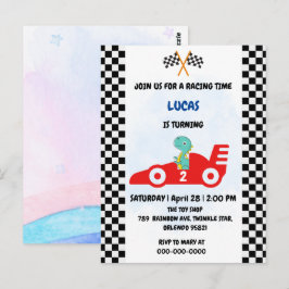 Cartão Postal Corrida de carro de dinossauro de aniversário meni