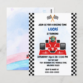 Cartão Postal Corrida de dinossauro de aniversário menino carro 