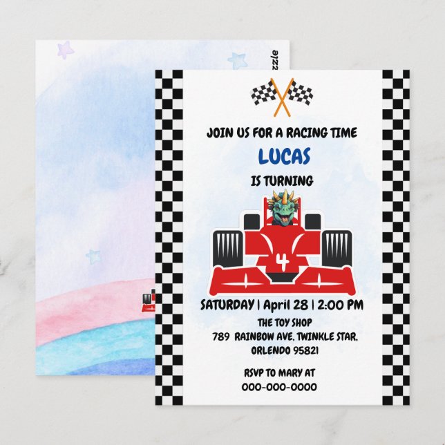 Cartão Postal Corrida de dinossauro de aniversário menino carro  (Frente/Verso)