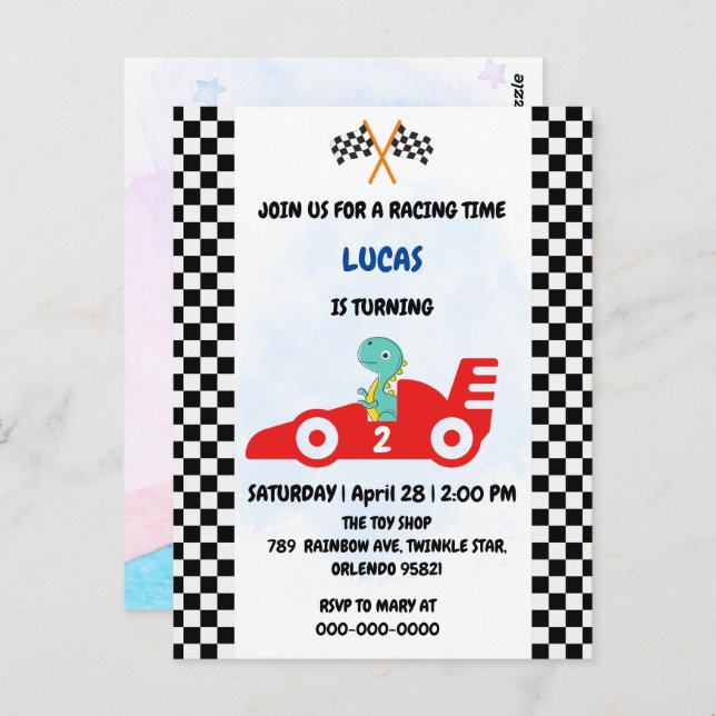 Cartão Postal Corrida de dinossauro de aniversário menino carro  (Frente/Verso)