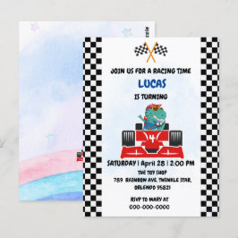 Cartão Postal Corrida de dinossauro de aniversário menino vermel