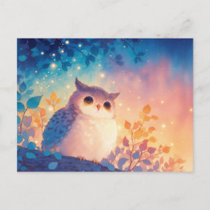 Cartão Postal Coruja Azul Caprichosa na Floresta do Pôr do Sol D