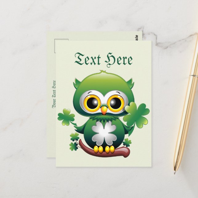 Cartão Postal Coruja Bebê Fofo St Patrick Cartoon (Frente/Verso In Situ)