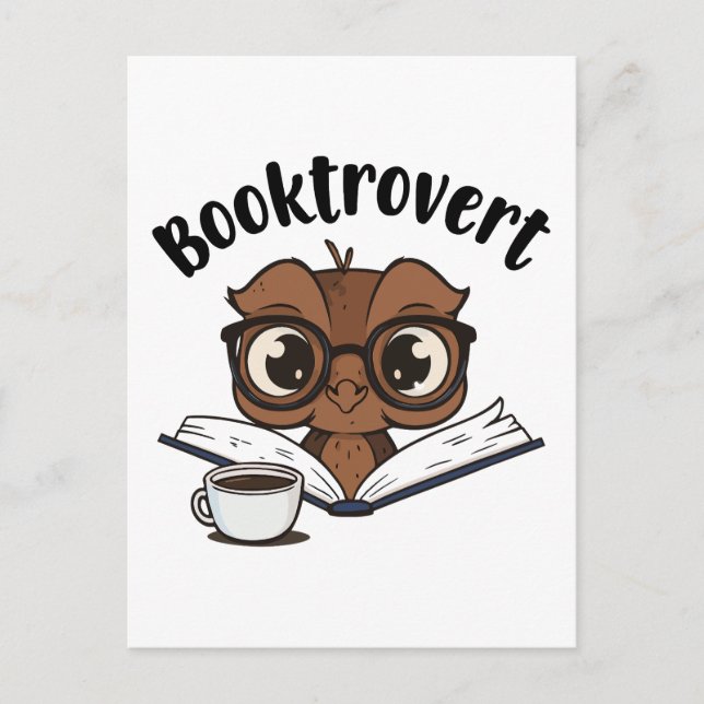 Cartão Postal Coruja-boquiaberta com livro e café (Frente)