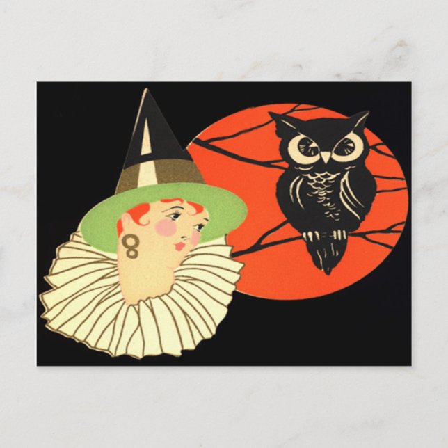 Cartão Postal Coruja Bruxa Art Déco Lua Cheia (Frente)