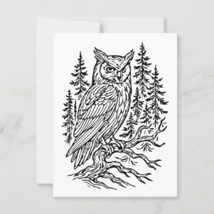 Cartão Postal Coruja Chorada Detalhada na Arte da Linha da Flore