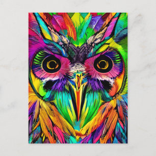 Cartão Postal Coruja com Penas Coloridas Arte de IA Excêntrica