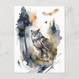 Cartão Postal Coruja de Aquarela na Floresta