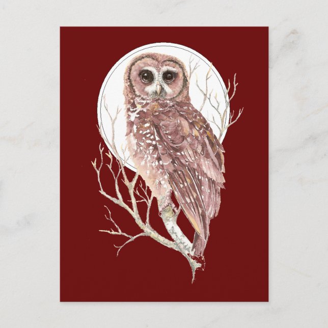 Cartão Postal Coruja de Aquarela Personalizada em Árvore, Lua, P (Frente)