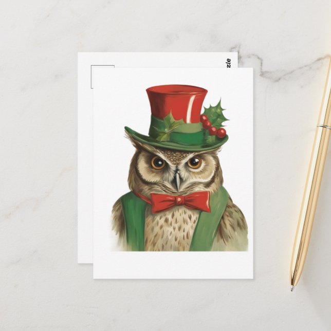 Cartão Postal Coruja de Natal Adorável (Frente/Verso In Situ)