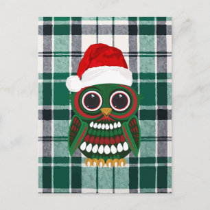 Cartão Postal Coruja de Natal Fofa Xadrez Preto Verde Alegria da