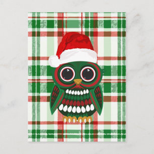 Cartão Postal Coruja de Natal Fofa Xadrez Vermelho e Verde Alegr