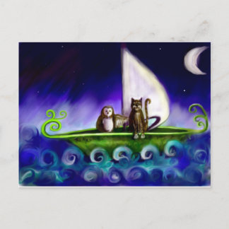 Cartão Postal coruja e a ilustração vibrante moderna do gatinho