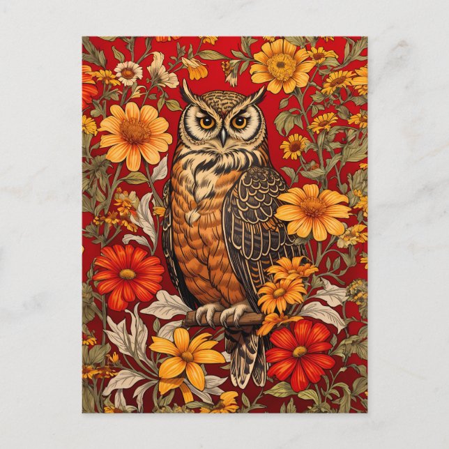 Cartão Postal Coruja E Flores De Zinnia (Frente)