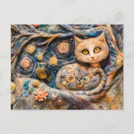 Cartão Postal Coruja e Gato numa Árvore Feito em Técnica de Felt