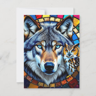 Cartão Postal Coruja e Lobo do Estilo Mosaico   Mantendo contato