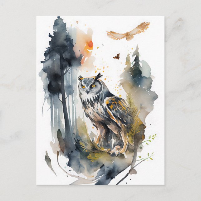 Cartão Postal Coruja em Aquarela na Floresta (Frente)