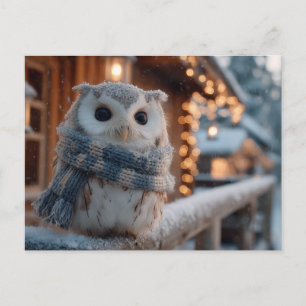 Cartão Postal Coruja fofa usando cachecol de inverno tricotado