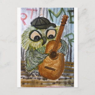 Cartão Postal Coruja-funga tocando guitarra, velha parede, passa