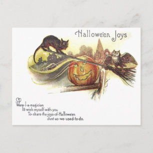 Cartão Postal Coruja Gato Preto Abóbora de Halloween Vassoura de