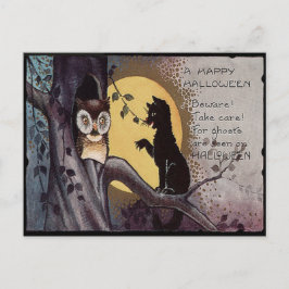 Cartão Postal Coruja Gato Preto Árvore Lua Cheia Noite