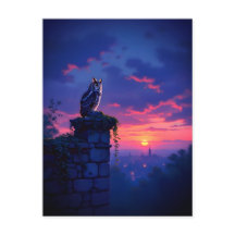 Coruja no telhado da cidade Sunset
