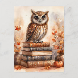 Cartão Postal Coruja nos Livros Autumn Watercolor Art