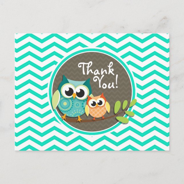 Cartão Postal Corujas Cutes; Aqua Green Chevron (Frente)