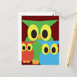 Cartão Postal Corujas Verdes, Vermelhas e Azuis