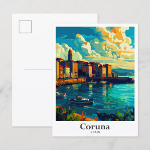 Cartão Postal Corunha Espanha Ilustração de Viagem Antiga