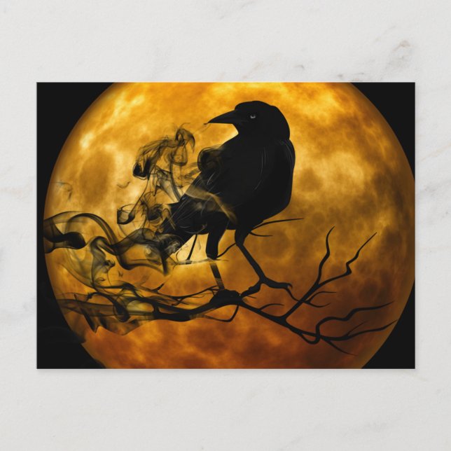 Cartão Postal Corvo de Halloween na noite (Frente)