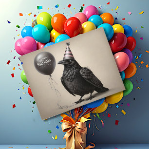 Cartão Postal Corvo olhando para balão de aniversário carvão veg