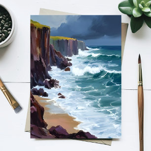 Cartão Postal Costa Tempestuosa Pintura de Ondas do Oceano na