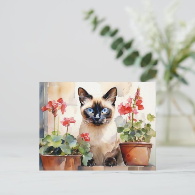 Cartão Postal Cóta Aquarela Siamesa Gato Flores De Gerânio Verme (Em pé/Frente)