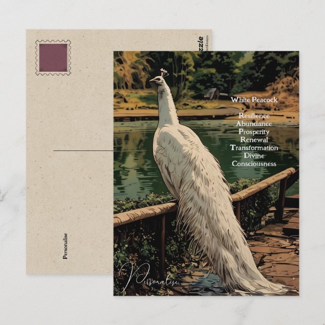 Cartão Postal Cota Inspiradora Pavão Branco Espiritual (Frente/Verso)