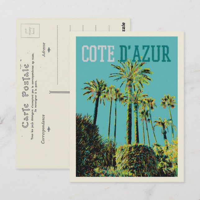 Cartão Postal Cote d'Azur França, palmeiras mediterrânicas (Frente/Verso)