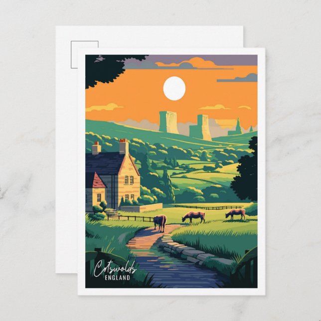 Cartão Postal Cotswolds England Art Viagens vintage Ilustração (Frente/Verso)