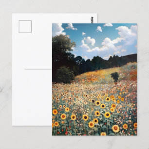 Cartão Postal Cottagecore de Pintura em Campo de Girassol
