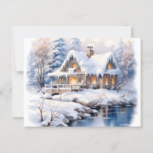 Cartão Postal Cottagecore Natal Inverno Cottage Aquarela