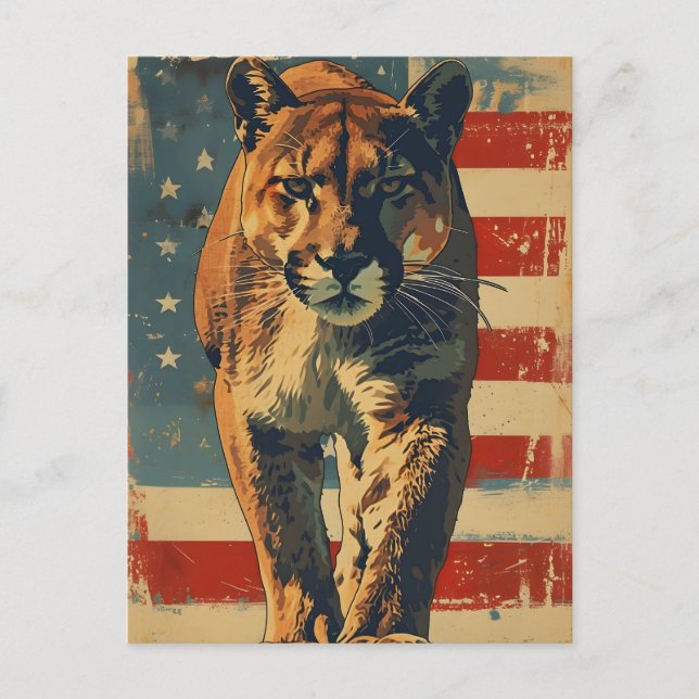 Cartão Postal Cougar Mountain lion american flag vintage (Frente)