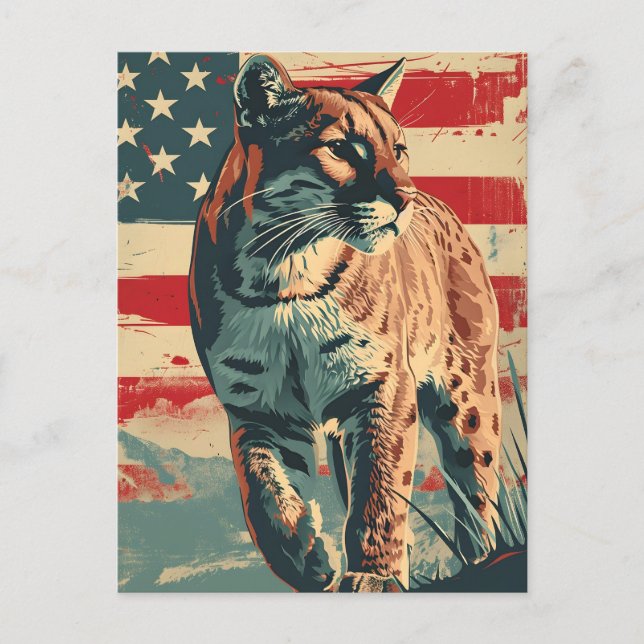 Cartão Postal Cougar Mountain Lion American Flag Vintage (Frente)