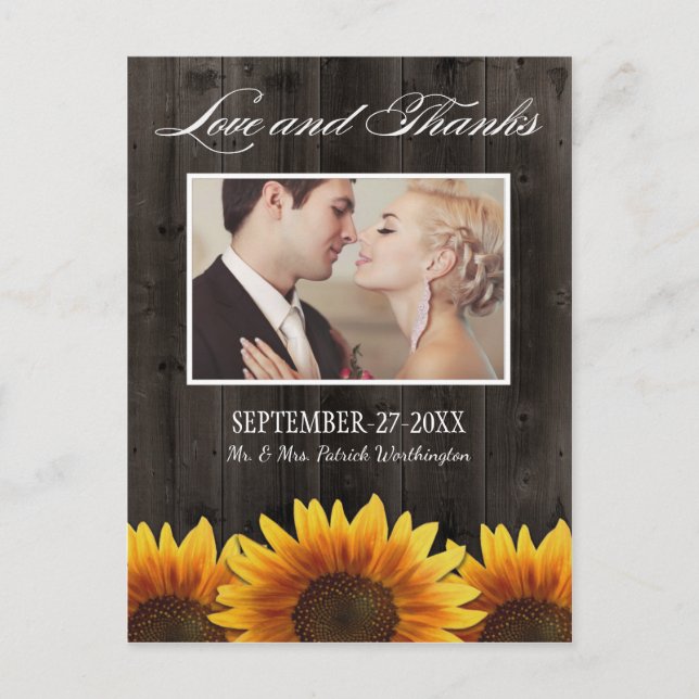 Cartão Postal Country Barn Wood Rustic Sunflower Obrigado Cartõe (Frente)