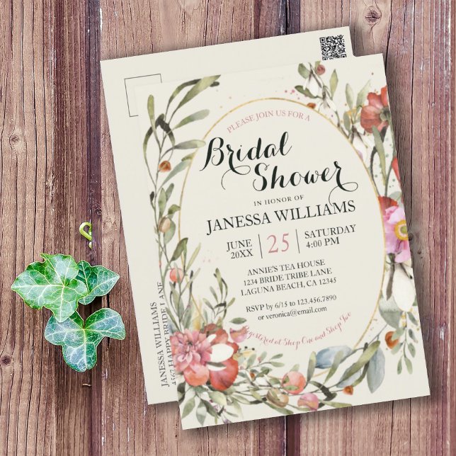 Cartão Postal Country Garden Floral Bridal Shower Invitation  (PRETTY COUNTRY GARDEN BRIDAL SHOWER POSTCARD INVITATION
)