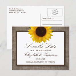 Cartão Postal Country Rustic Sunflower Em Burlap Salvar Data