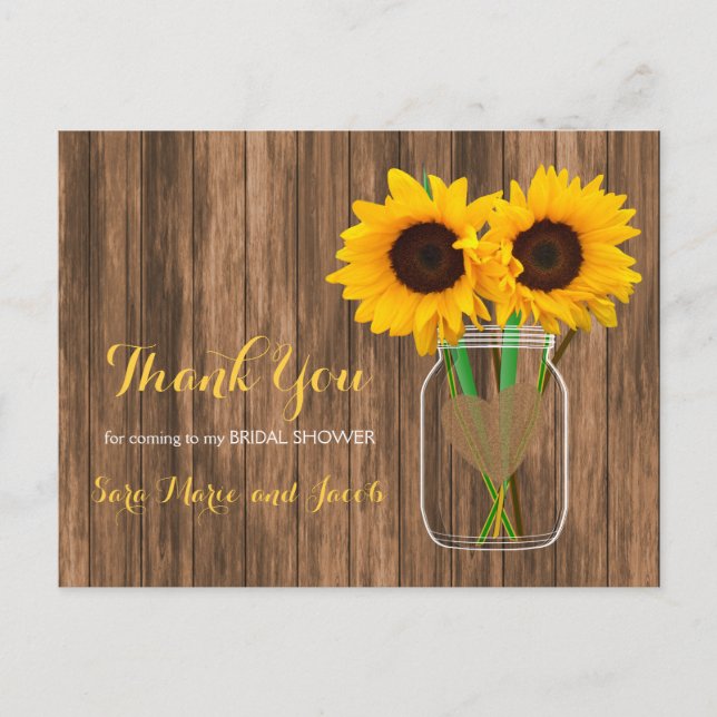 Cartão Postal Country Sunflower Mason Jar - Obrigado (Frente)