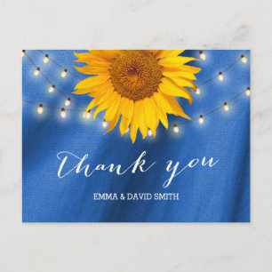 Cartão Postal Country Sunflower & String Lights Blue Obrigado