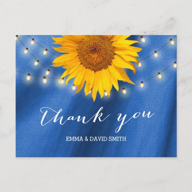 Cartão Postal Country Sunflower & String Lights Blue Obrigado (Frente)