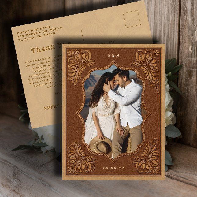 Cartão Postal Country Western Tooled Wedding Photo Thank You (country rustic cowboy wedding thank you postcard faux tooled leather terracotta rust western barn)