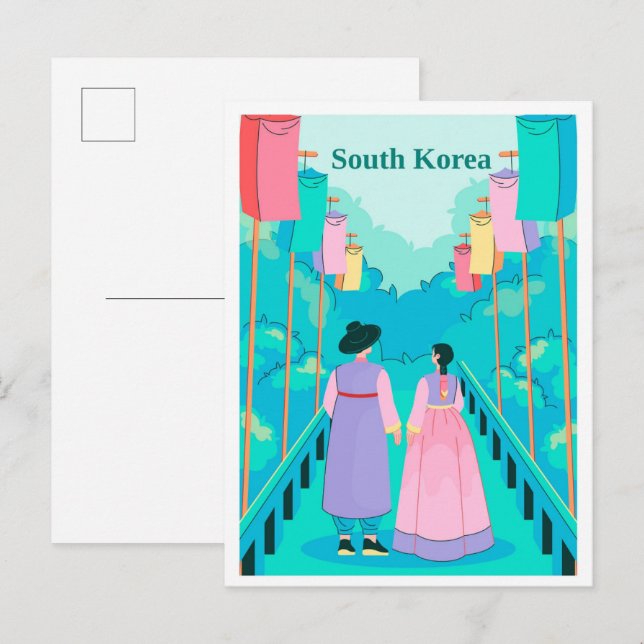 Cartão Postal Couple in Seoul South Korea Travel Illustration (Frente/Verso)