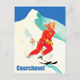 Cartão Postal Courchevel, mulher na pista de esqui, França, Vint